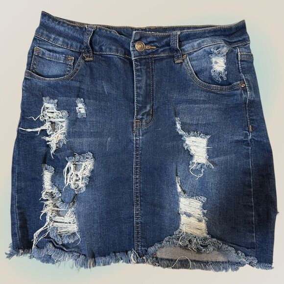 Wax Jeans Womens Denim Frayed Hem Destruction Distressed Blue Medium Short Skirt - Picture 2 of 9